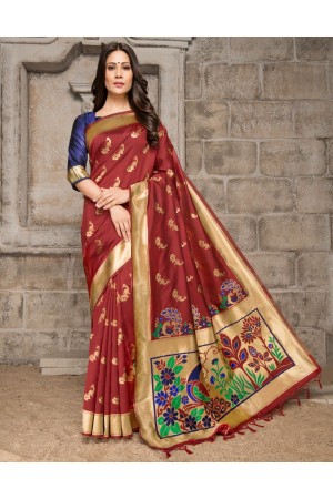 Mayil Weaved Peacock Motif Red Saree