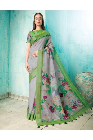 Neisha Ash Grey Linen Printed Saree