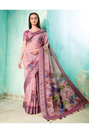 Neisha Thistle Pink Linen Printed Saree