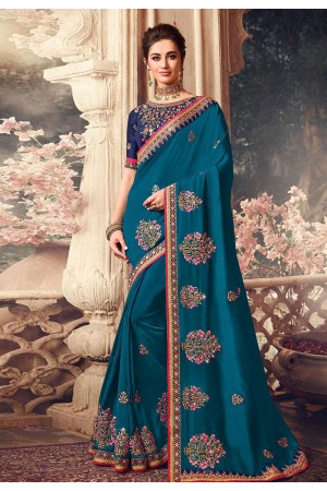 Blue silk embroidered festival wear saree 1066