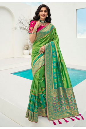 Green banarasi silk festival wear saree 10089