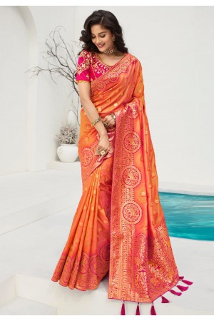 Orange banarasi silk festival wear saree 10092