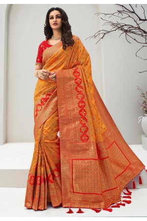Orange banarasi silk festival wear saree 10096
