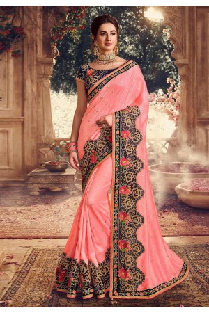 Pink silk embroidered party wear saree 1073