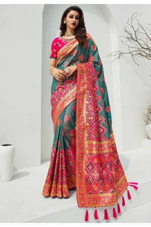 Teal banarasi silk festival wear saree 10095