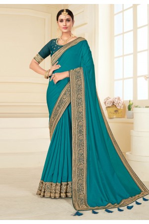 Turquoise silk festival wear saree 1704