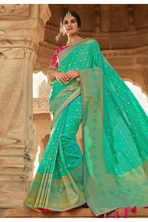 Turquoise silk saree with blouse 13335