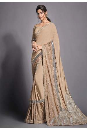 Beige lycra party wear saree with blouse 41808