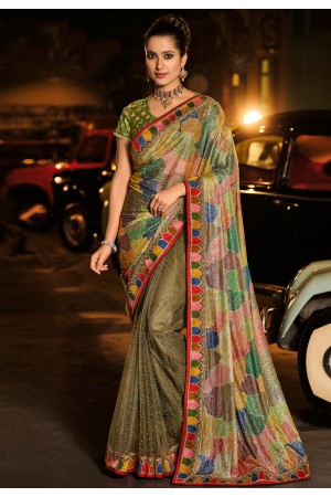 Mehndi silk saree with blouse 6015