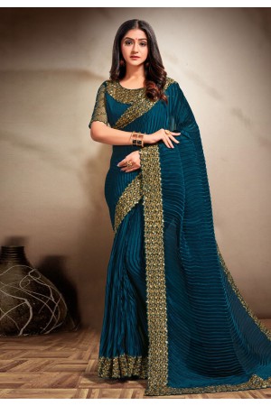 Teal satin silk festival wear saree 354E