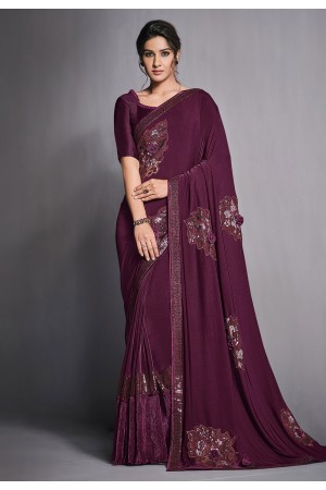 Wine lycra party wear saree with blouse 41806