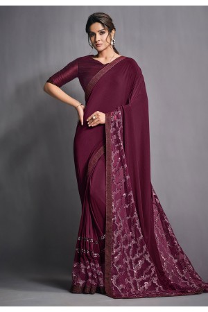 Wine lycra party wear saree with blouse 41812
