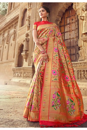 Golden banarasi silk festival wear saree 3013A