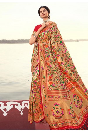 Golden banarasi silk festival wear saree 3014A