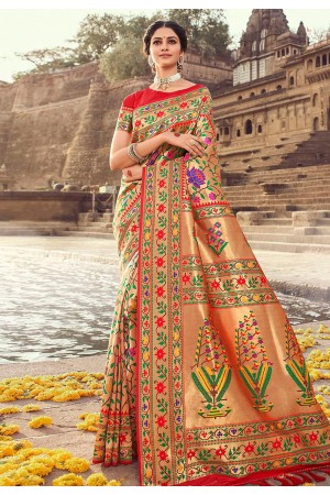 Golden banarasi silk saree with blouse 3012A