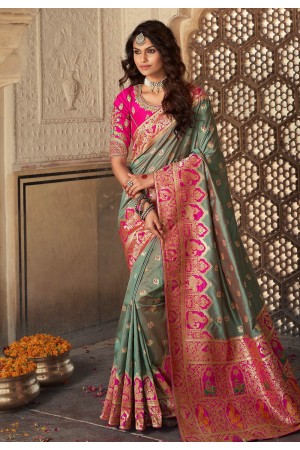 Grey banarasi silk saree with blouse 10105