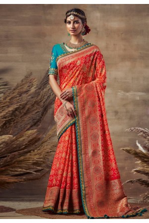 Red banarasi silk festival wear saree 123679