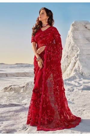 Red net festival wear saree 5701