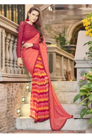 Peach Colored Printed Chiffon Georgette Festive Saree 2109