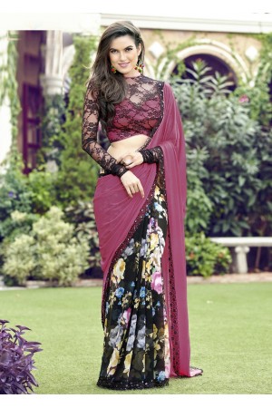 Pink Colored Printed Chiffon Georgette Festive Saree 2103