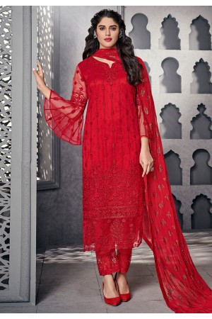 Red net embroidered frill sleeve pant style suit 1001