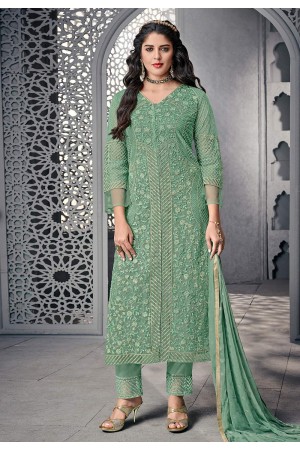 Sea green net embroidered pant style suit 1005