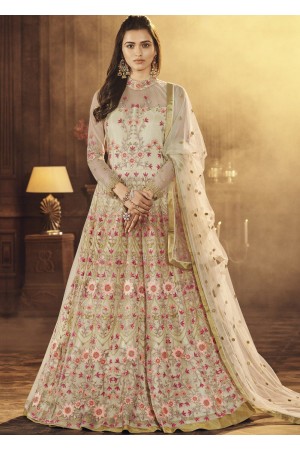 Cream color net designer party wear anarkali