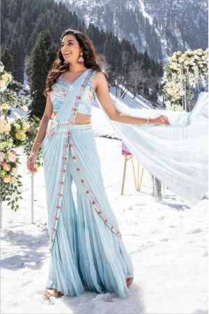 Sea blue Indo western Gharara crop top bridesmaid dress