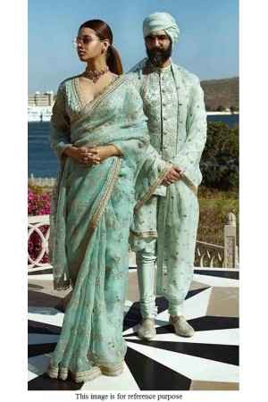 Bollywood Sabyasachi Inspired Turquoise Organza saree