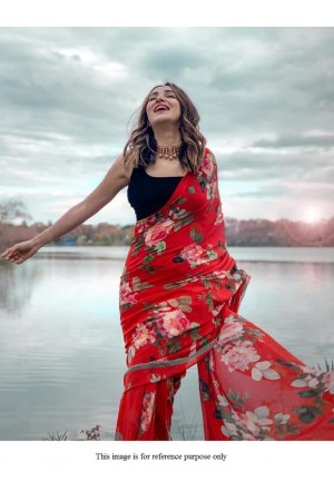 Bollywood model red floral digital print saree
