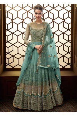 Turquoise net embroidered floor length anarkali suit 15007