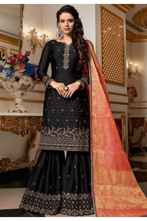 black designer satin georgette embroidered sharara style pakistani suit 4514