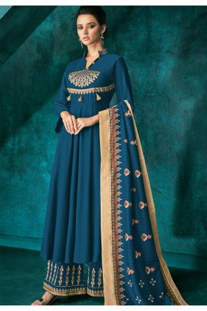 blue muslin long embroidered palazzo style suit 725