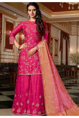 bright pink designer satin georgette embroidered sharara style pakistani suit 4513
