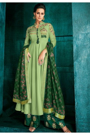 green muslin long embroidered palazzo style suit 726