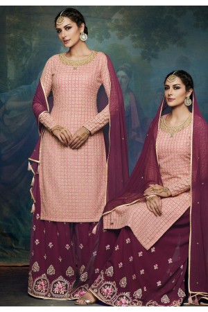 light pink georgette embroidered palazzo style pakistani suit 1047