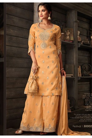 mustard georgette embroidered palazzo style suit 30002