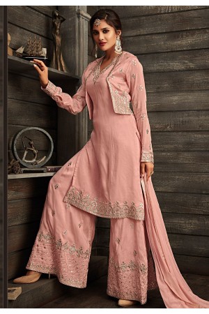 pastel pink georgette embroidered palazzo style suit 30008