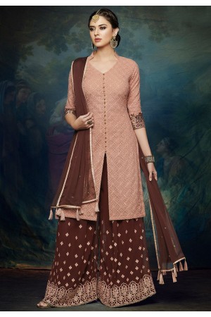 peach brown georgette embroidered palazzo style pakistani suit 1048