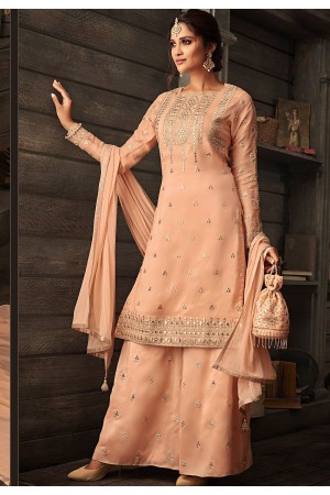 peach georgette embroidered palazzo style suit 30007
