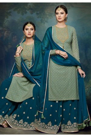pista green blue georgette embroidered palazzo style pakistani suit 1050