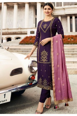 prachi desai purple silk embroidered trouser style suit 36245