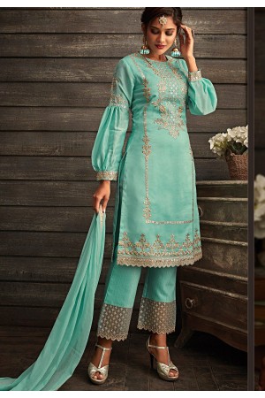 sky blue georgette embroidered straight trouser style suit 30006