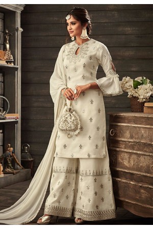 white georgette embroidered palazzo style pakistani suit 30003