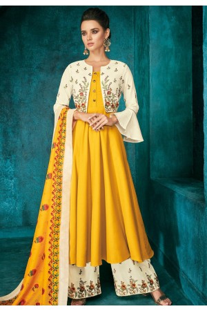 yellow white muslin long embroidered palazzo style suit 723
