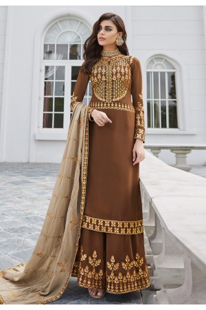 Brown georgette embroidered palazzo suit 7027