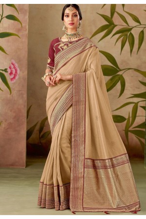 beige maroon silk embroidery saree with raw silk blouse 13111