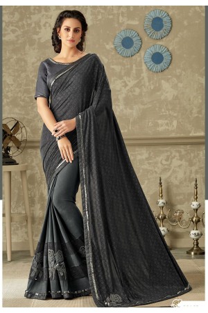 dark grey flower printed lycra saree with art silk blouse 10713