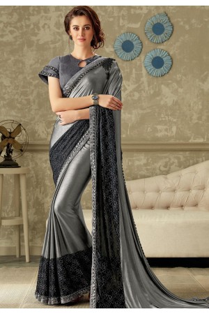 grey embroidered lycra saree with dupion silk blouse 10717