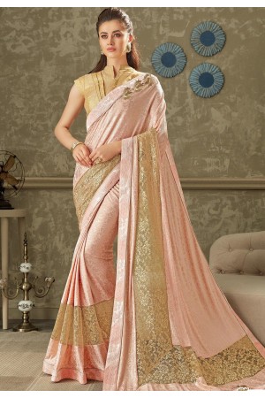 pink embroidered lycra saree with brocade blouse 10720